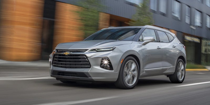 Silver 2019 Chevy Blazer in urban city