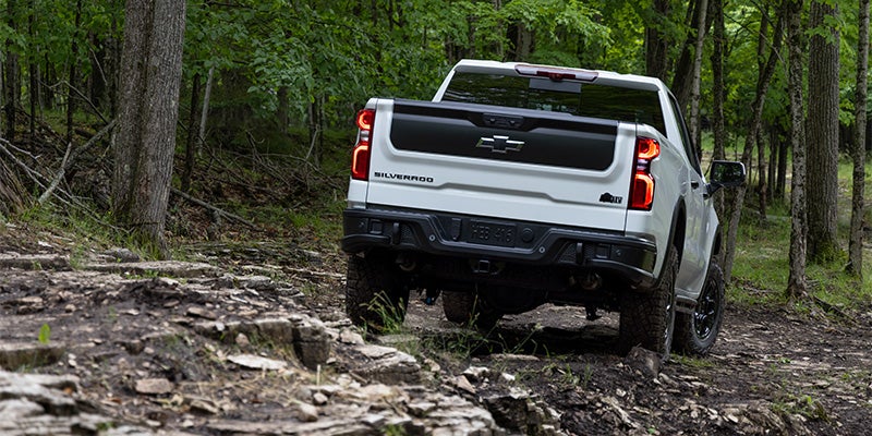 White 2023 Chevrolet Silverado ZR2 rear in the forest