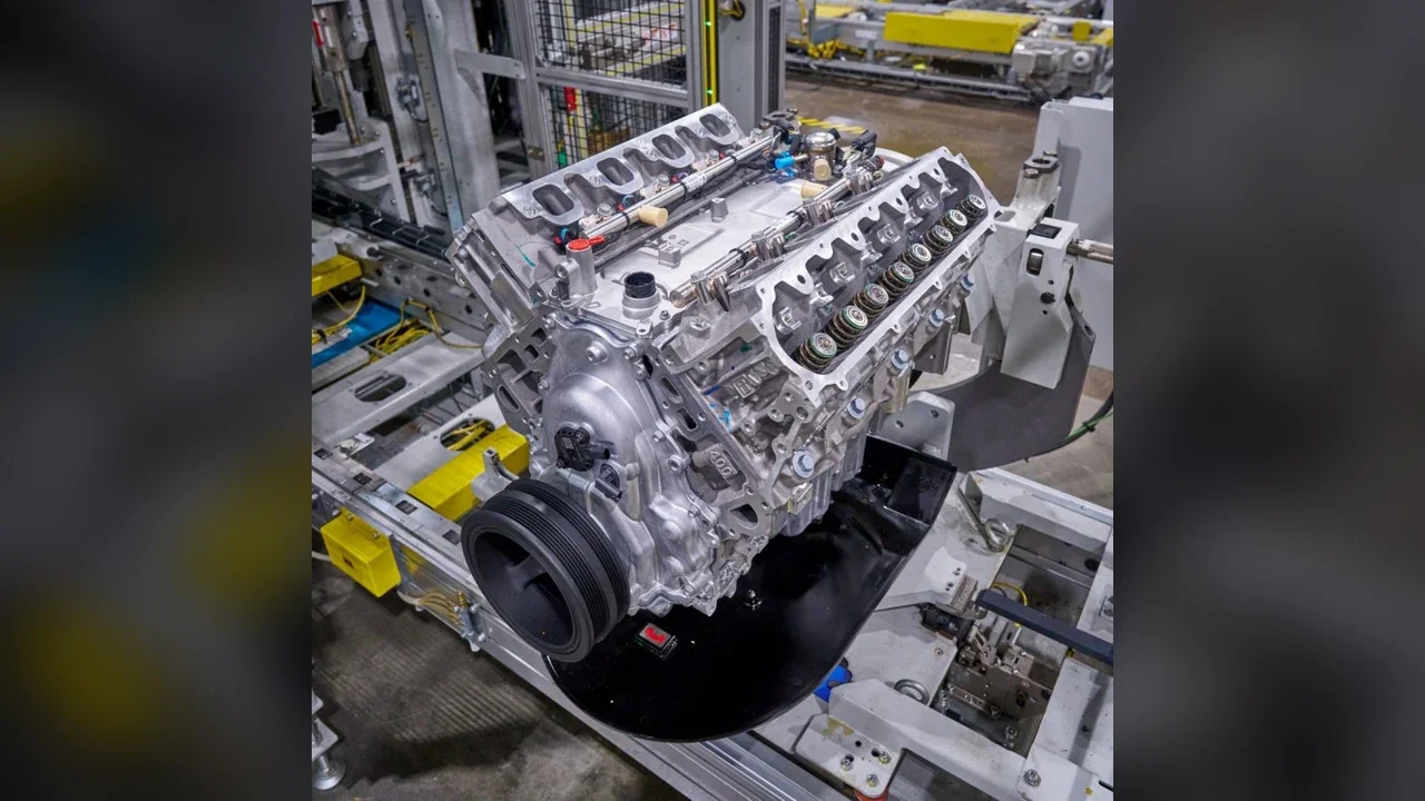 Official 2027 Silverado engine specs: the all-new 481-hp 6.6L V8 during assembly at GM's Flint Engine Operations