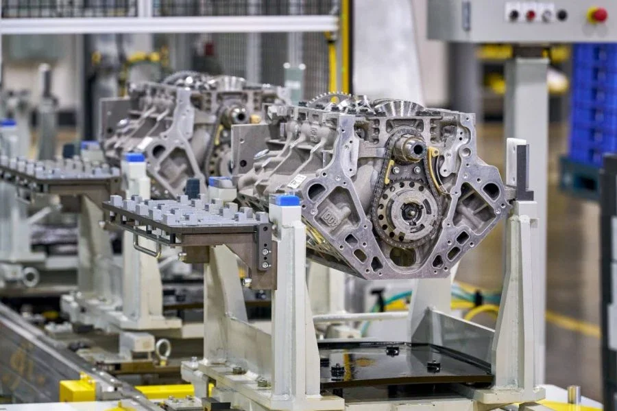 All-new sixth-generation 6.6L V8 engines for the 2027 Silverado moving down the assembly line at GM's Flint Engine Operations