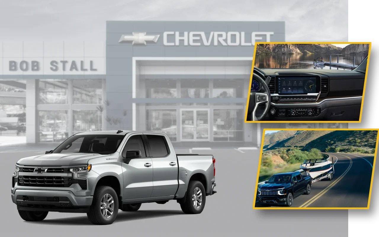 2026 Chevrolet Silverado 1500 with touchscreen dashboard and boat towing highlights at Bob Stall Chevrolet La Mesa
