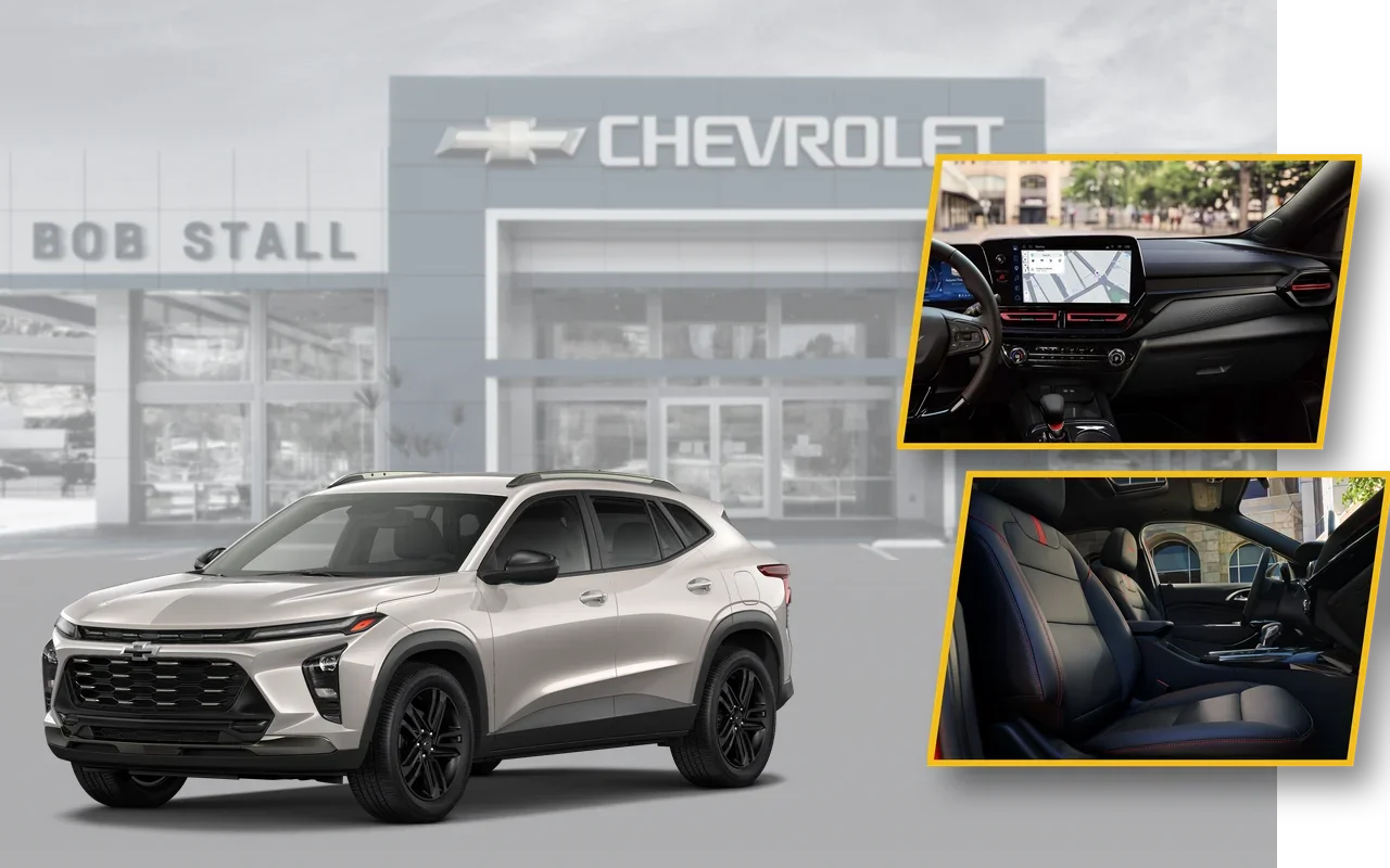 2026 Chevrolet Trax with touchscreen dashboard and front seat highlights at Bob Stall Chevrolet La Mesa