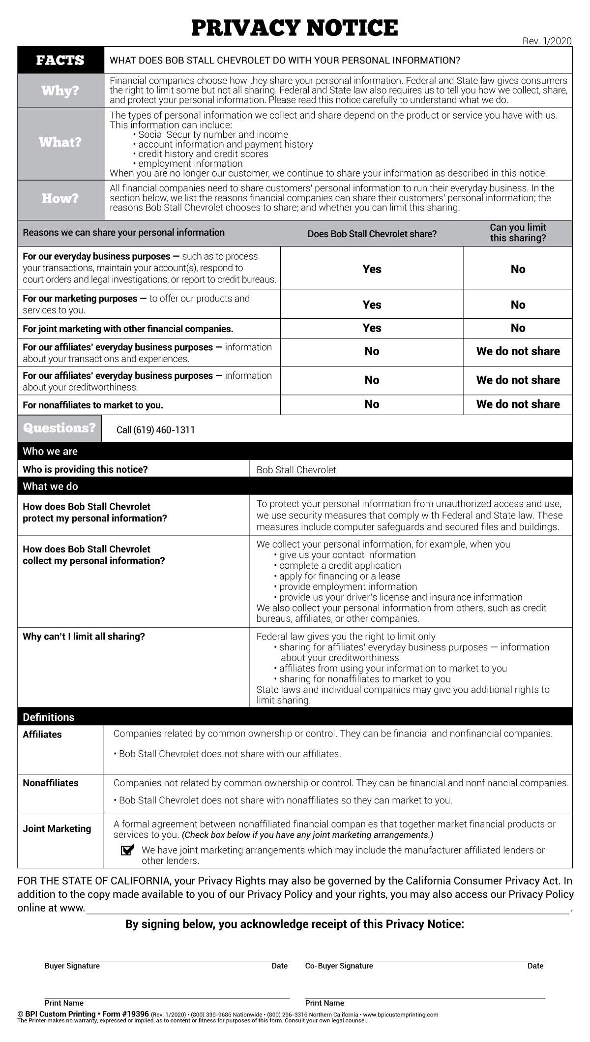 Bob Stall Chevrolet's Privacy Notice Table 