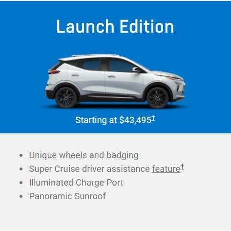 Gray 2024 Chevy electric SUV Premier trim on blue background, labeled 'Starting at $38,495' with premium features like leather seats, HD Surround Vision, and adaptive cruise control.