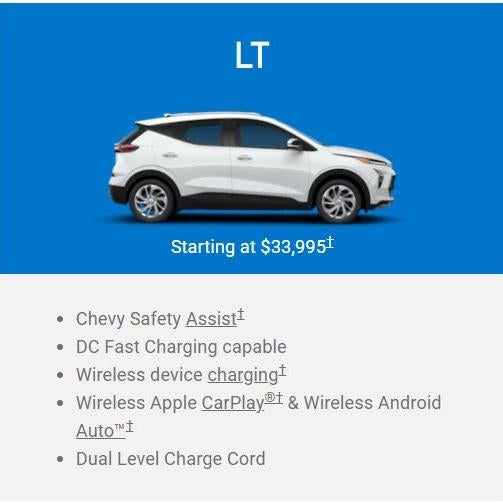White 2024 Chevy electric SUV LT trim on blue background, labeled 'Starting at $33,995' with feature highlights including Chevy Safety Assist, wireless charging, and Apple CarPlay.