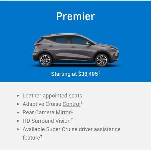 White 2024 Chevy electric SUV Launch Edition on blue background, labeled 'Starting at $43,495' with highlights like Super Cruise driver assistance and panoramic sunroof.